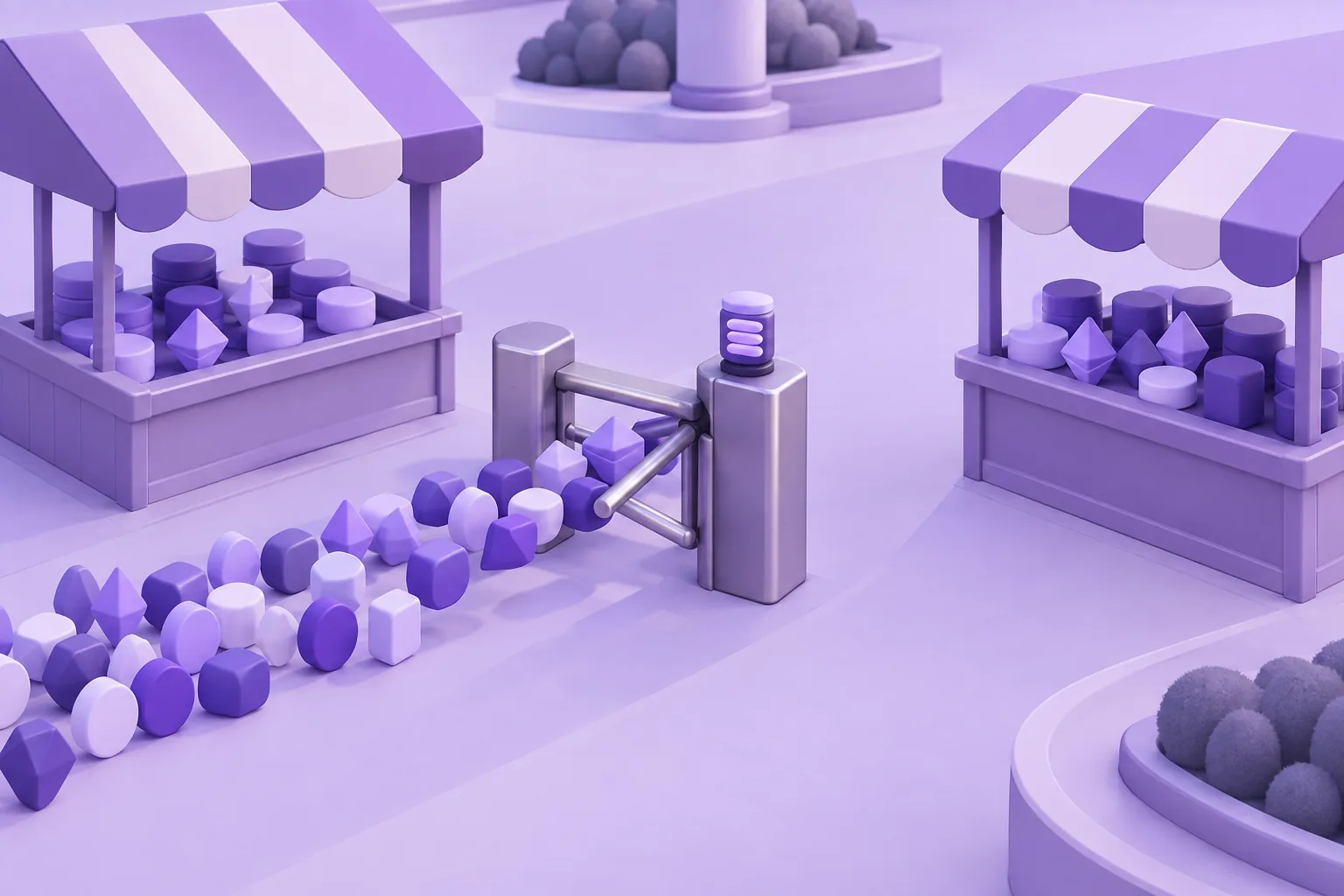 Illustration of a cartoon crowd-flow of small rounded tokens streaming between two market stalls, turnstile counting them, lavender plaza.