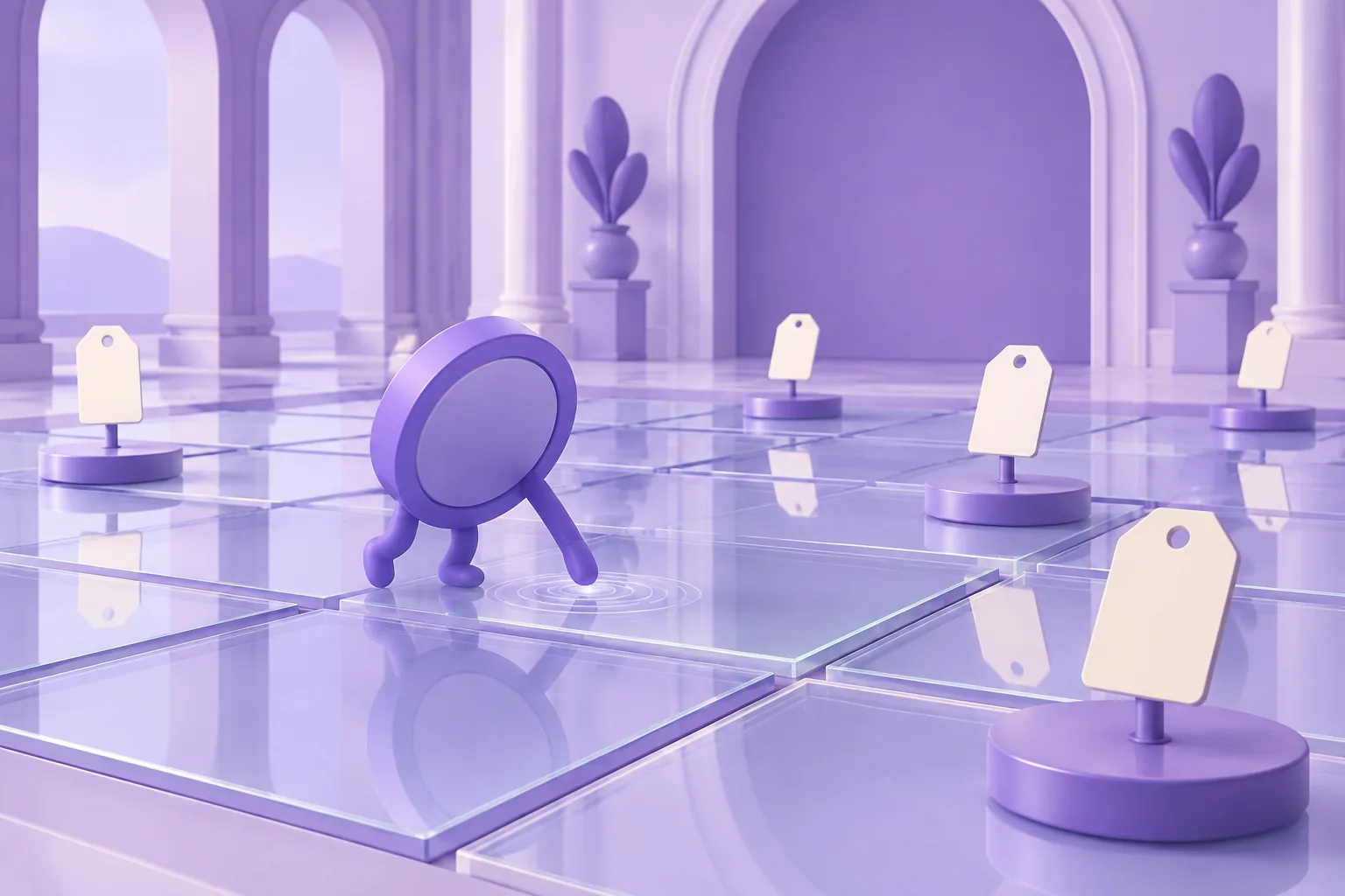 Illustration of a cartoon marketplace floor made of glass tiles with price tags standing on it, a token tapping the glass to test it, lavender hall.