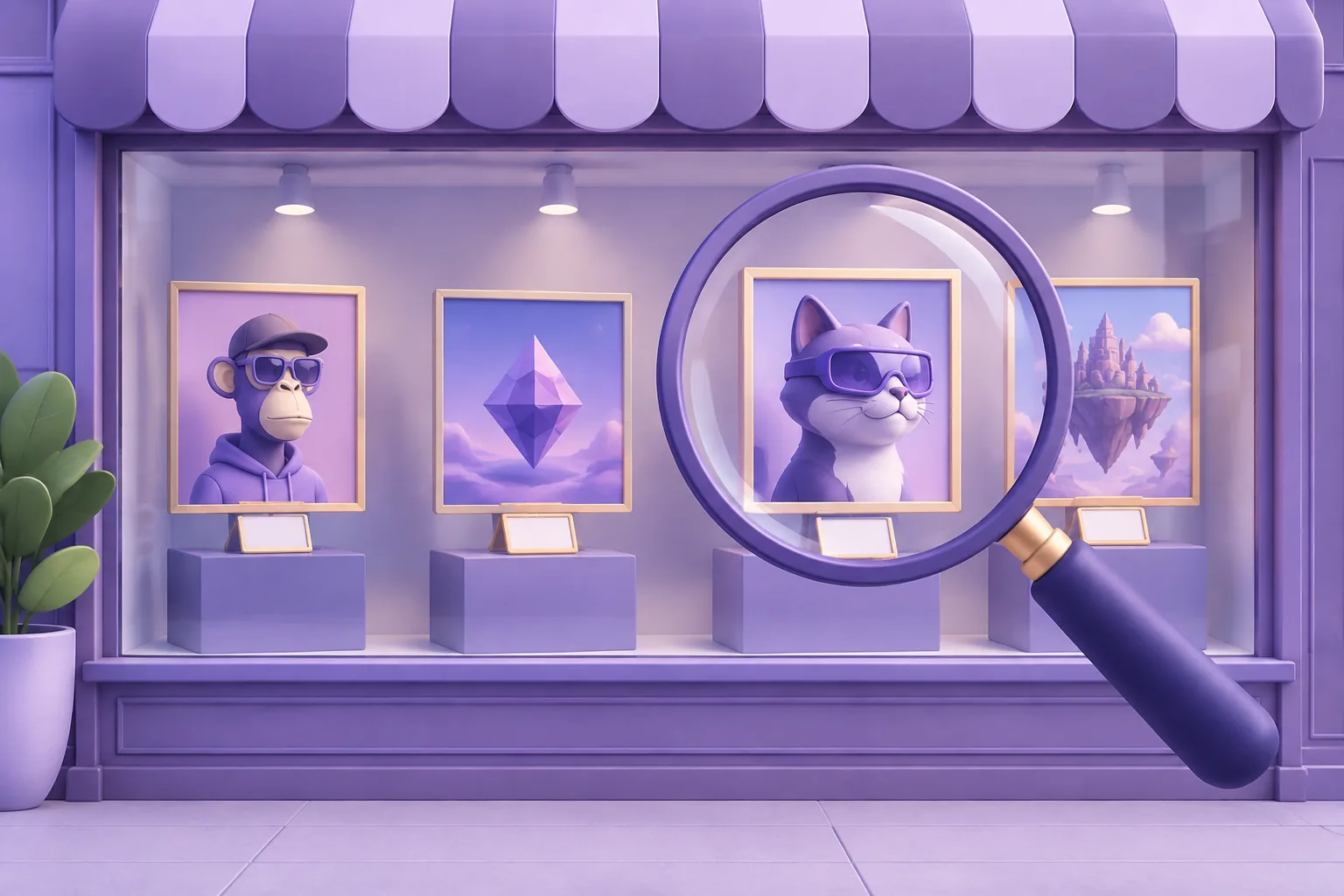 Illustration of a magnifying glass reading a collection storefront display, representing how to read an NFT collection page.