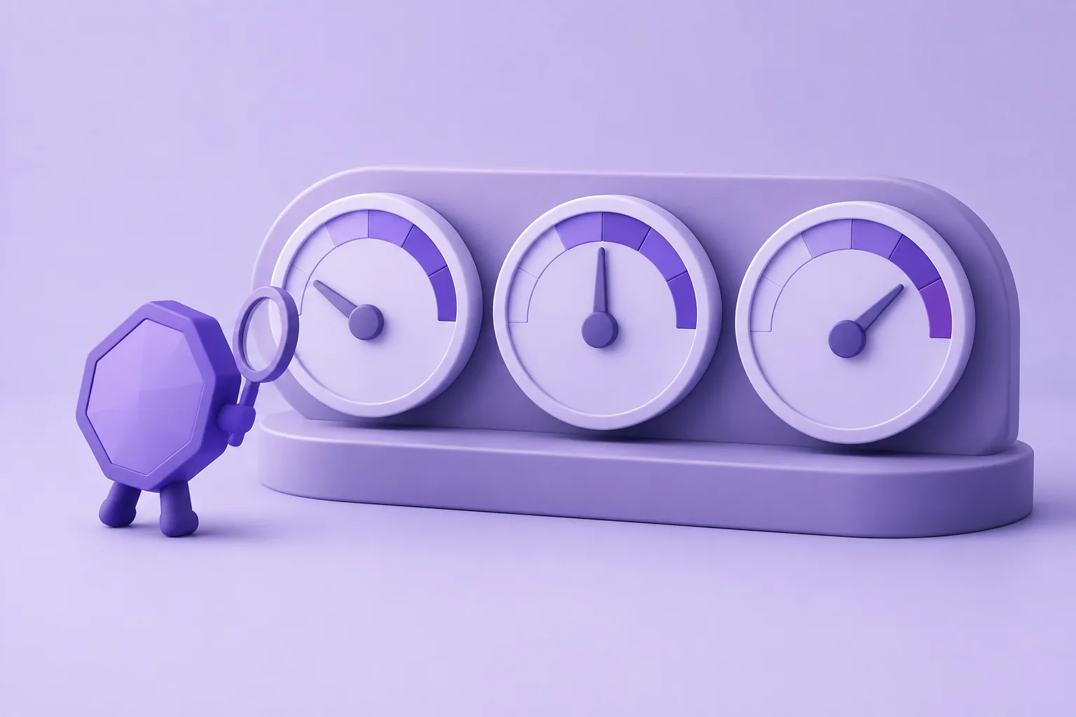 Illustration of three cartoon gauge dials being inspected by a token, representing headline stats on a collection page.
