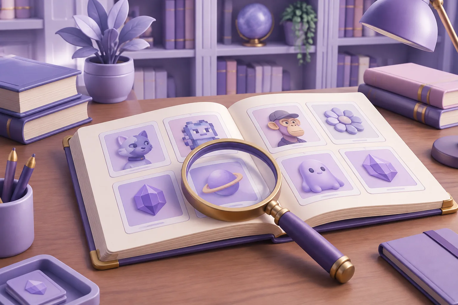 Illustration of a cartoon detective-style magnifying glass over an open illustrated ledger of token cards, research desk, lavender library.