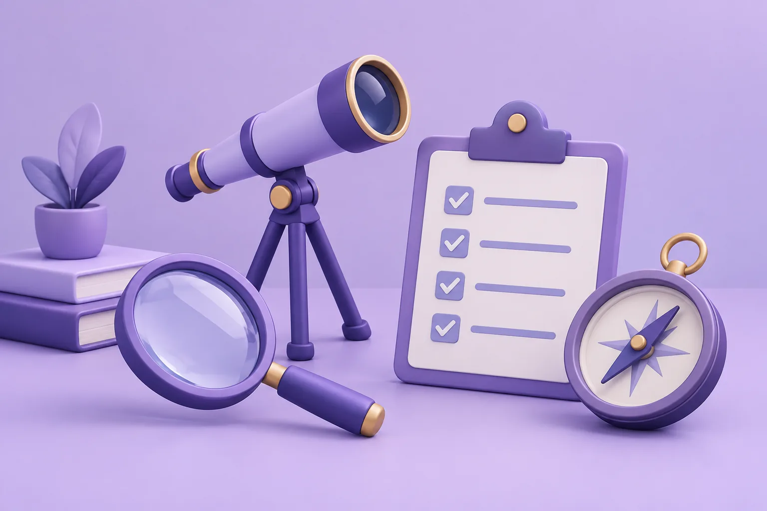 Illustration of a cartoon workbench of research instruments — magnifier, small telescope, checklist board — arranged neatly, lavender studio.