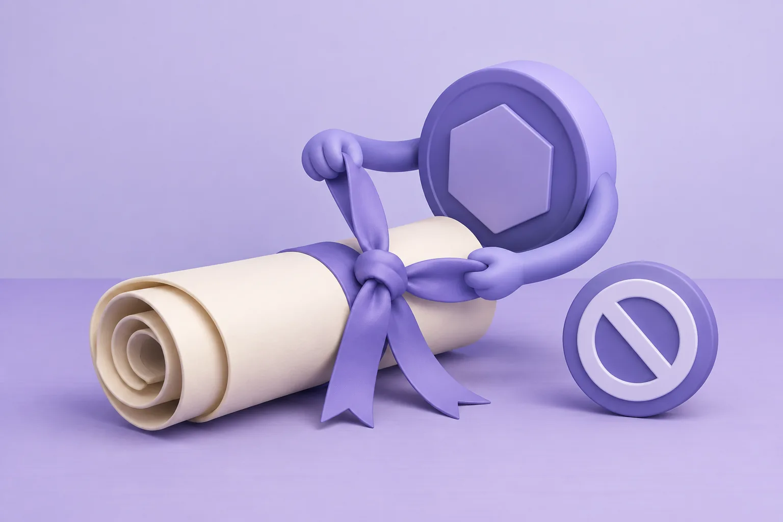 Illustration of a cartoon contract scroll being rolled back up and tied with a ribbon by a careful token, permission revoked theme.