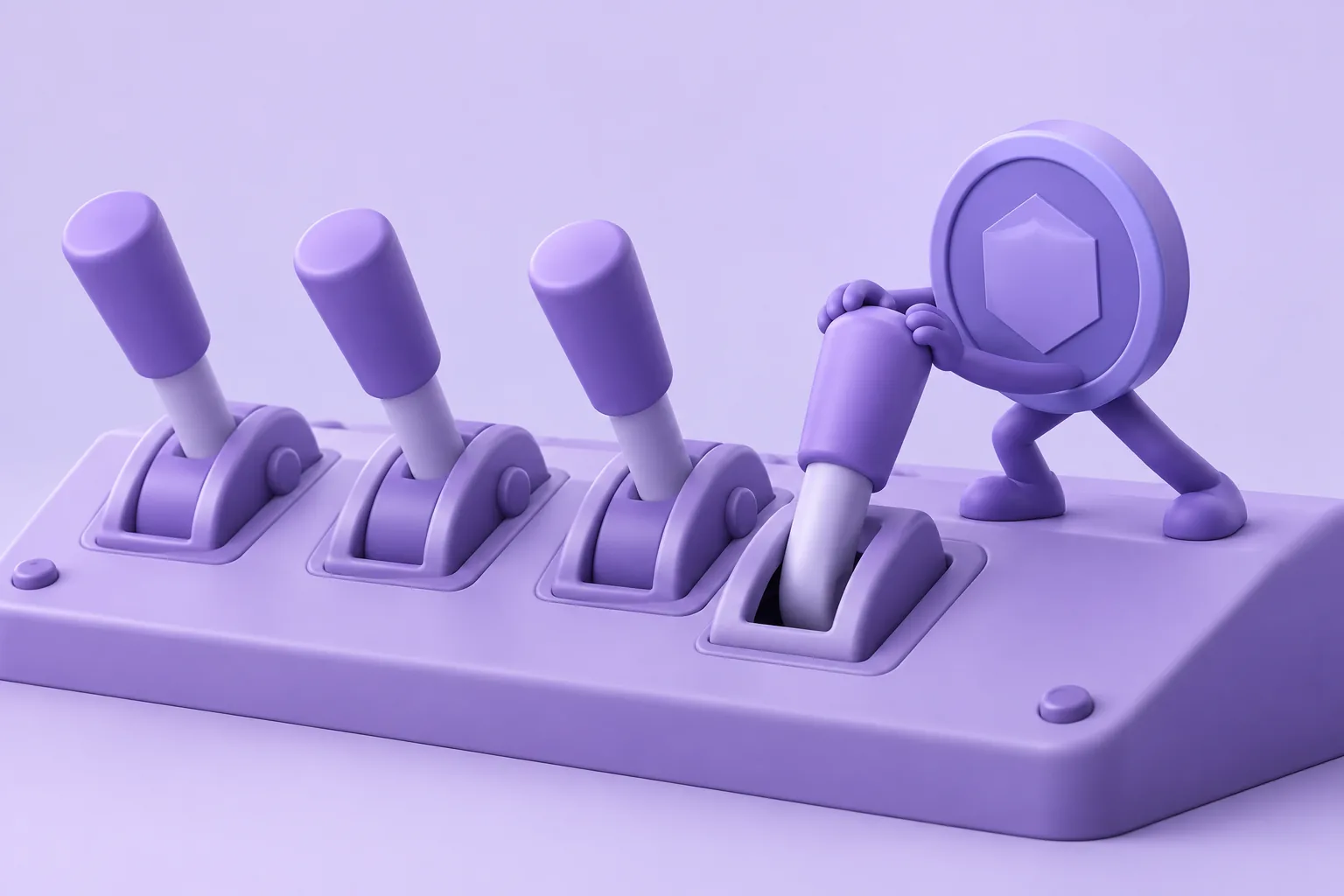 Illustration of a cartoon control panel of chunky toggle levers, one lever being switched off by a small determined token, lavender console.