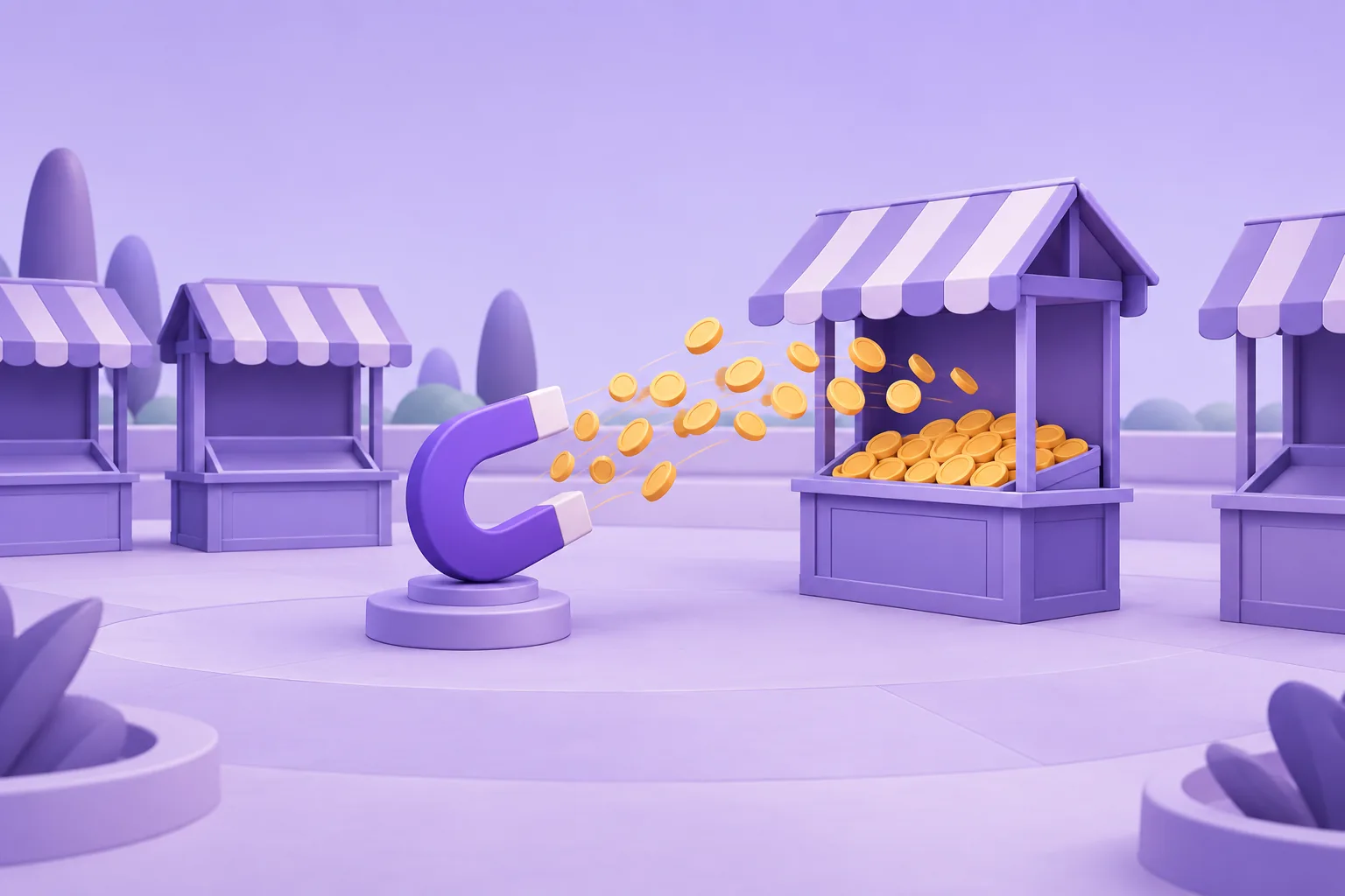 Illustration of a cartoon river of small coins flowing between buyer and seller booths, a measuring gauge midstream, lavender market canal.