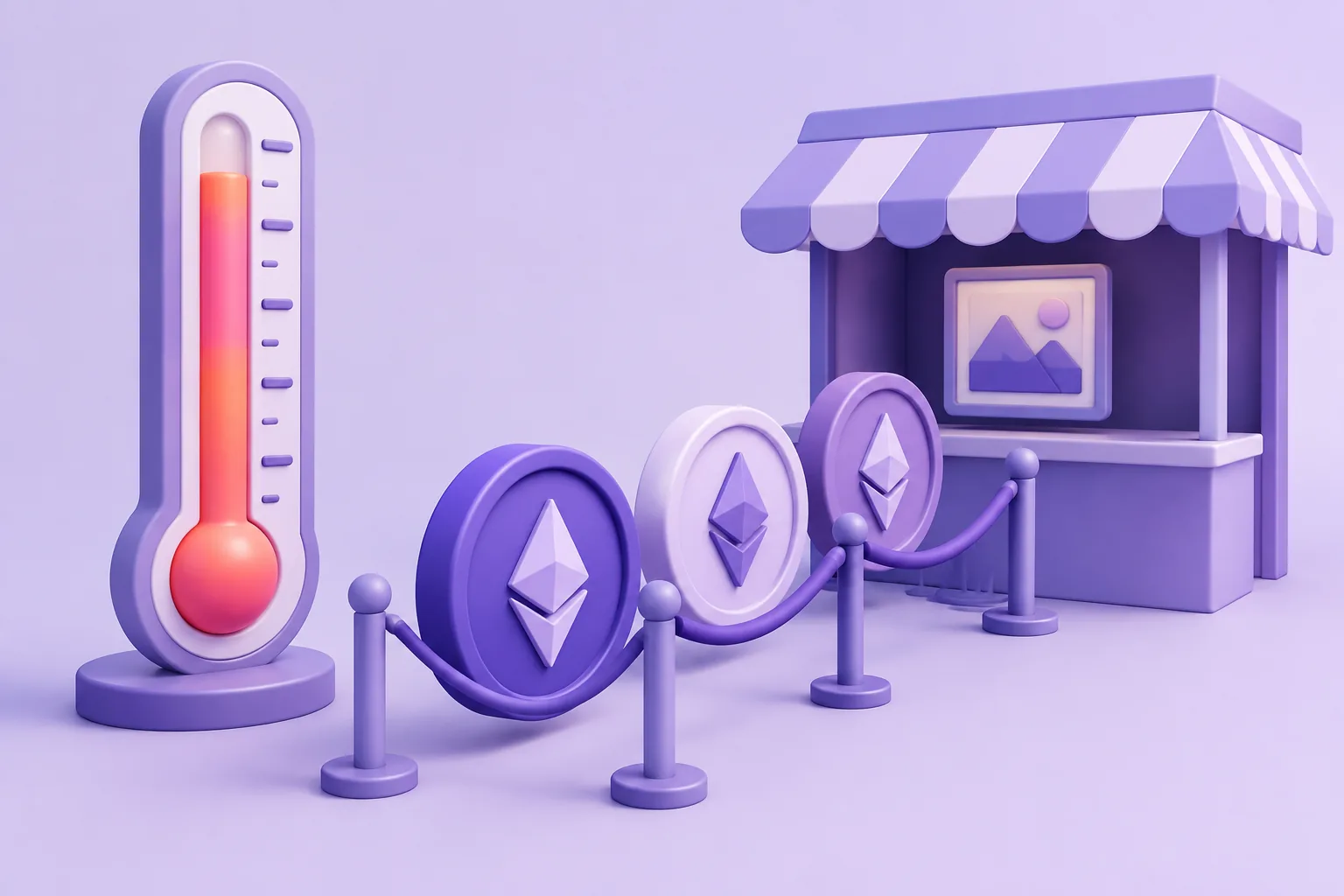 Illustration of a cartoon limbo-bar of price tags at the lowest listing, tokens watching whether it holds, lavender market.