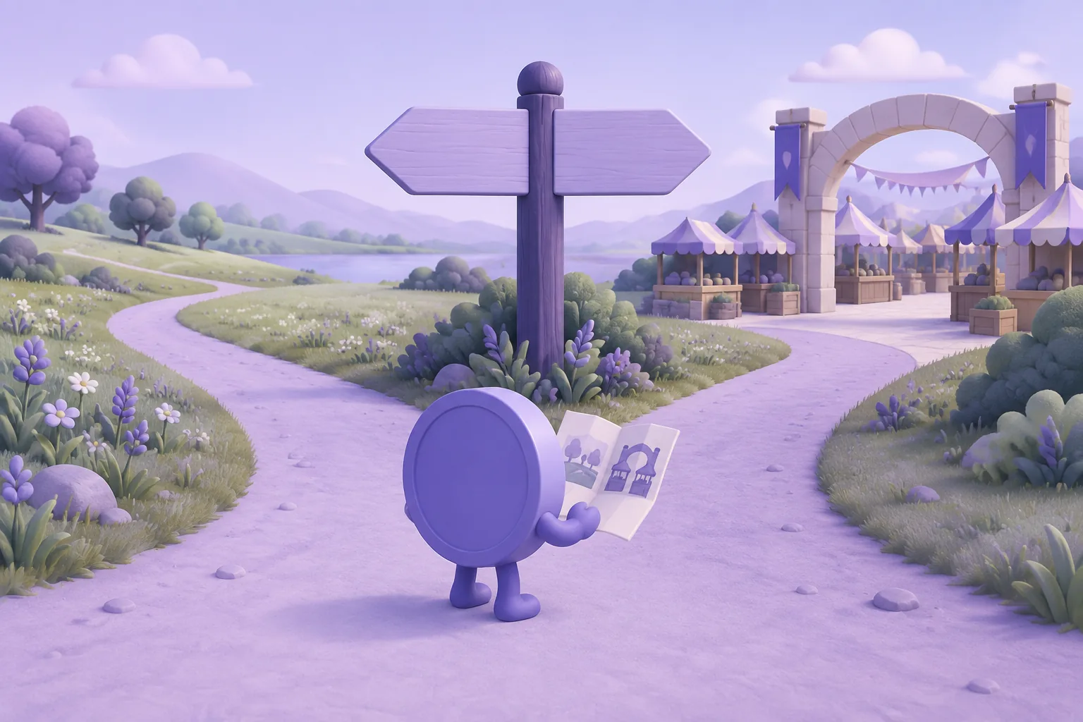 Illustration of a cartoon forked signpost with two paths — 'hold' meadow and 'sell' market gate — a token checking a small pocket plan card, lavender crossroads.