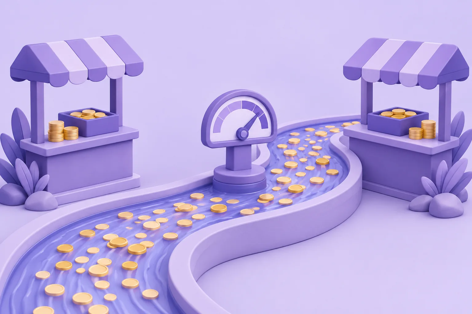 Illustration of a cartoon crowd-flow of small rounded tokens streaming between two market stalls, turnstile counting them, lavender plaza.