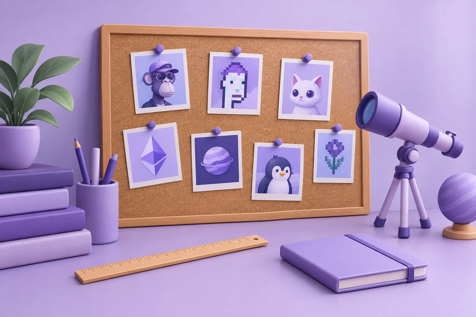 Illustration of a cartoon corkboard tracking-wall with pinned token cards, a ruler and small telescope for watching changes, lavender study.