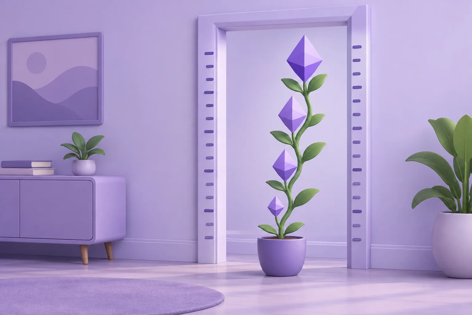 Illustration of a cartoon gift box hanging from a balloon with a nearly-hidden hook under it, a cautious token sniffing the ribbon, lavender sky.