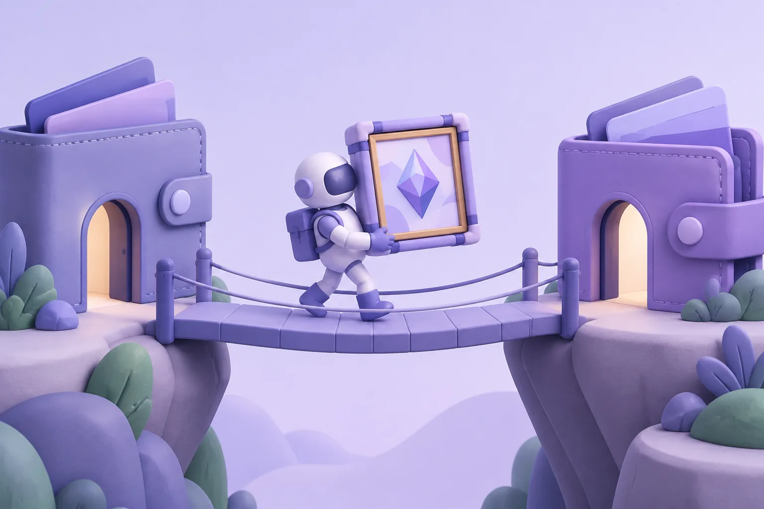 Illustration of a courier moving a crated NFT between two wallet houses, representing transferring NFTs between wallets.