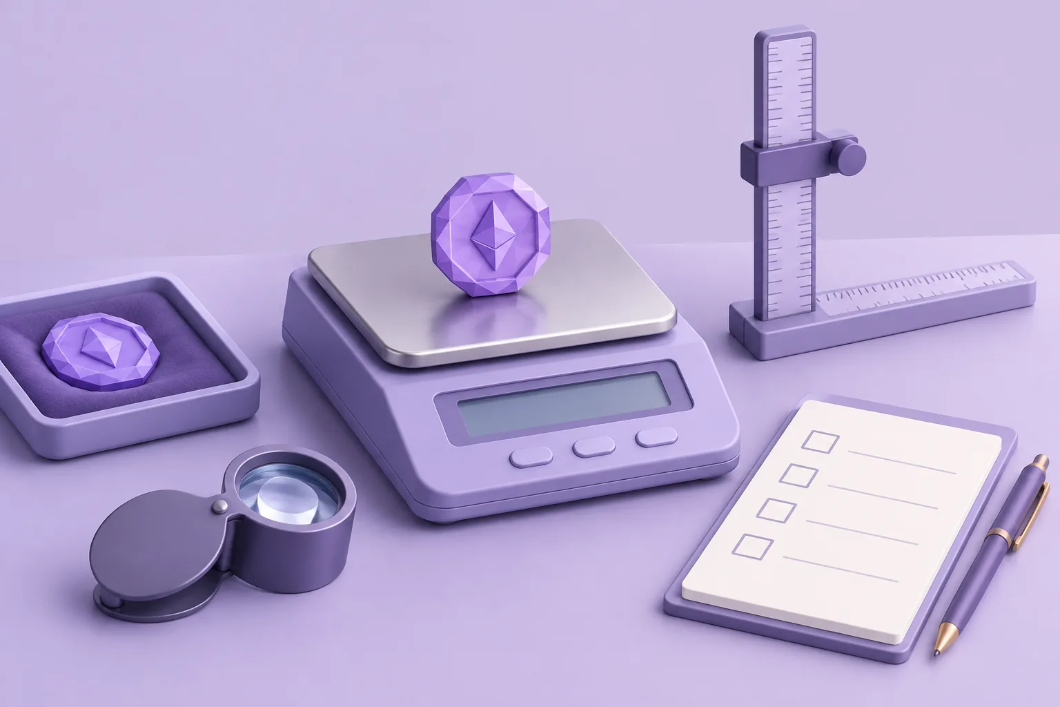 Illustration of a cartoon balance scale weighing a small gem-token against a stack of price tags, needle mid-swing, lavender assay table.