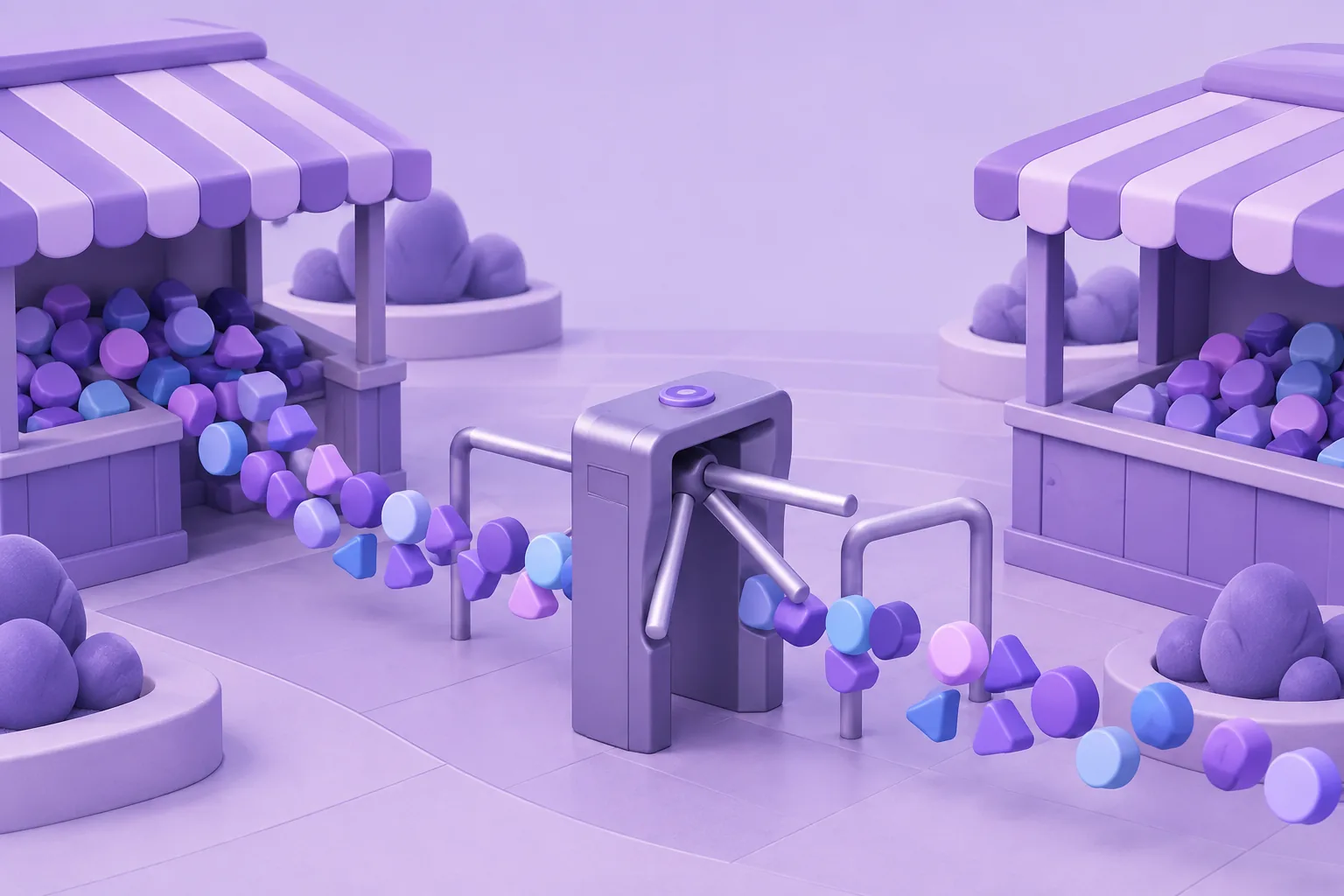 Illustration of a cartoon crowd-flow of small rounded tokens streaming between two market stalls, turnstile counting them, lavender plaza.