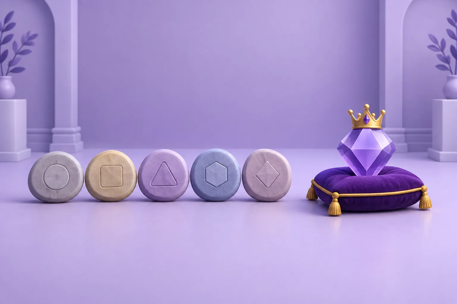 Illustration of a cartoon row of common pebble-tokens and one small crowned gem standing apart on a velvet cushion, lavender gallery.