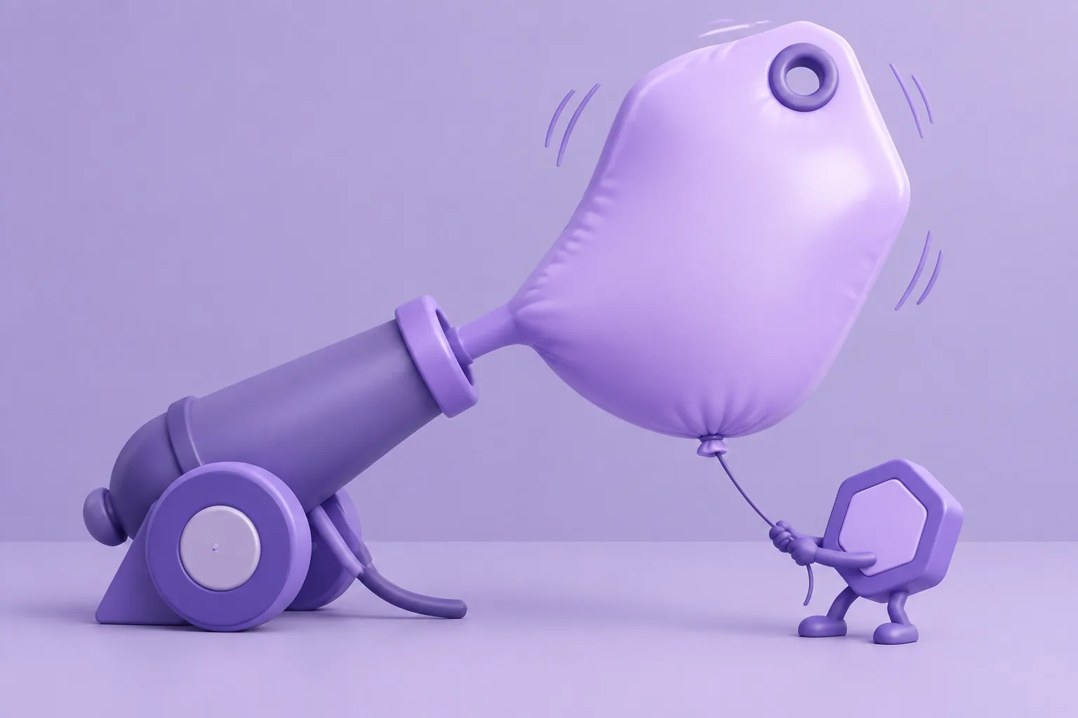 Illustration of a cartoon price-tag cannon over-inflating a balloon tag until it wobbles, careful token holding the tether, lavender room.