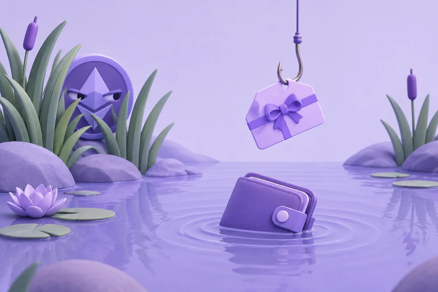 Illustration of a cartoon fishing hook dangling a fake 'gift' message card over a small wallet pond, lavender water, wary token watching from behind a reed.