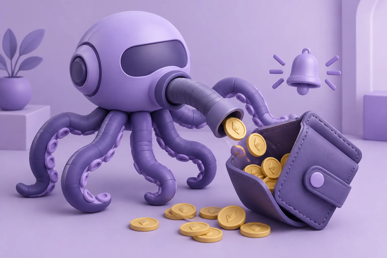 Illustration of a cartoon vacuum-octopus robot draining token coins from an open wallet while a little alarm bell rings, lavender room.