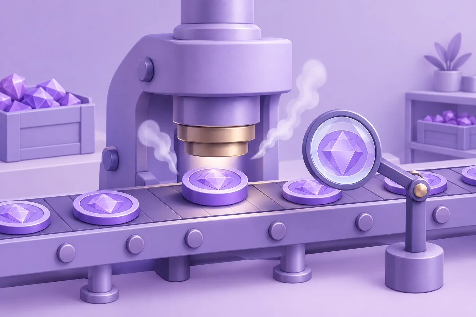 Illustration of a cartoon minting press stamping a fresh token onto a conveyor, gentle steam puffs and a quality-check magnifier, lavender workshop.