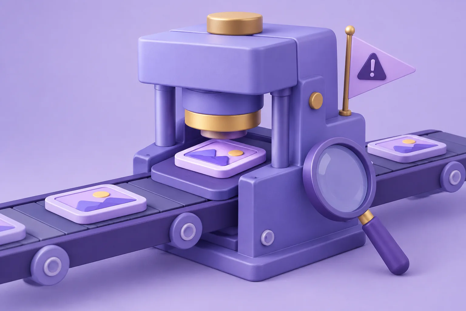 Illustration of a cartoon minting machine producing an NFT token with a caution flag, representing safe minting checks.