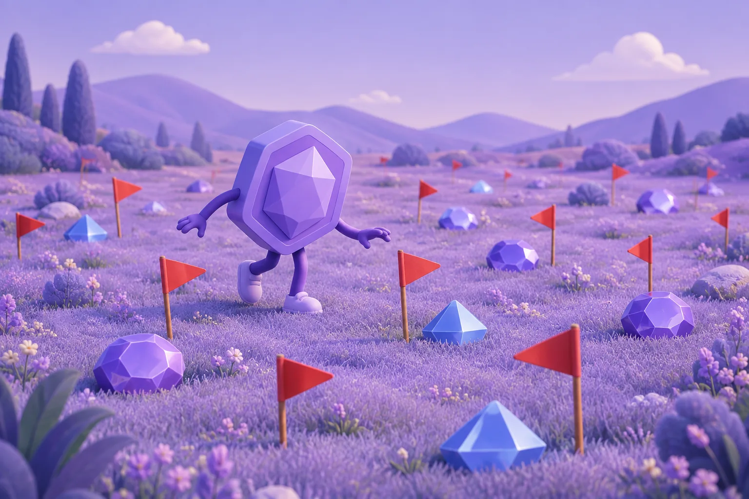 Illustration of a cartoon field scattered with small red flags planted around shiny tokens, a careful token tiptoeing between them, lavender meadow.