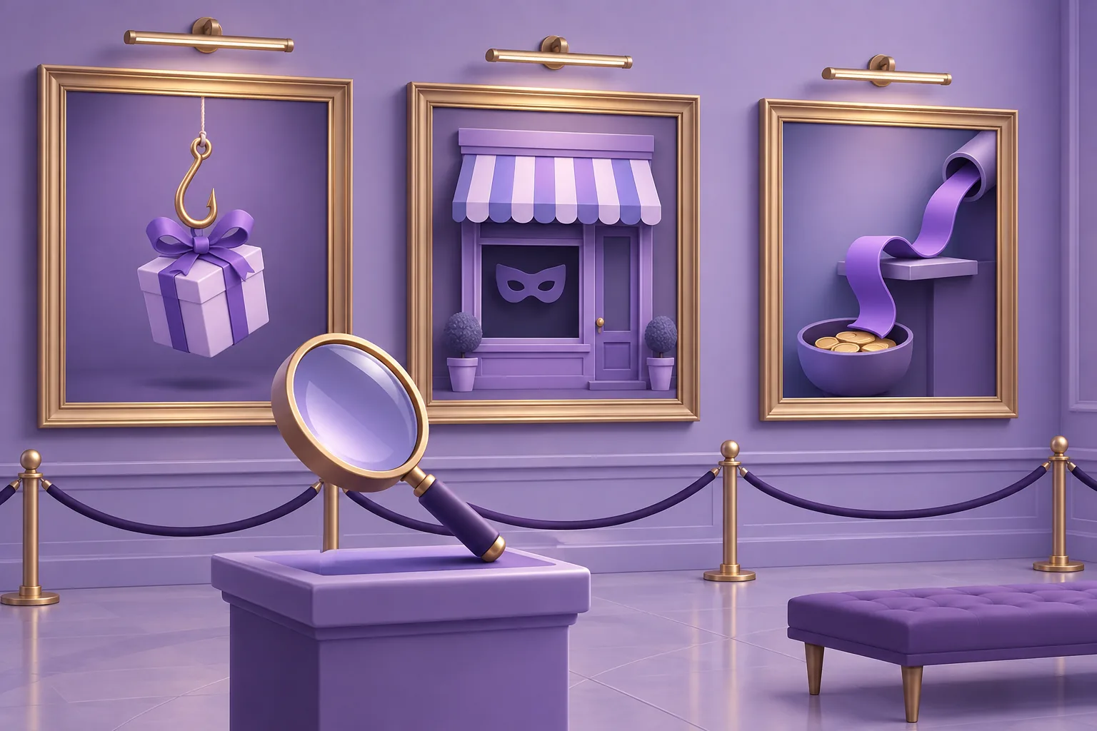Illustration of a cartoon checkpoint gate where a token inspects a marketplace's credentials badge with a magnifying glass, lavender booth.