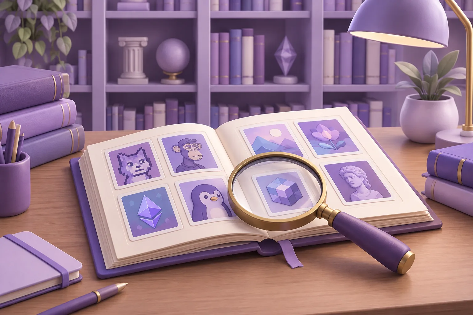 Illustration of a cartoon detective-style magnifying glass over an open illustrated ledger of token cards, research desk, lavender library.