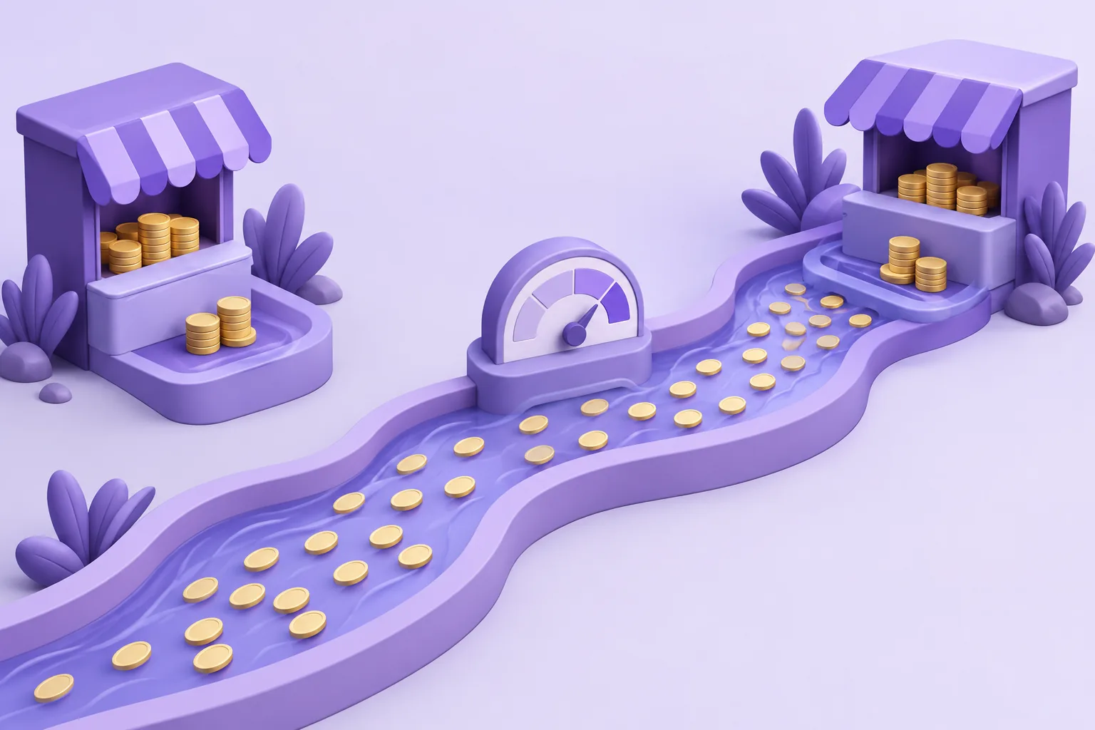 Illustration of a cartoon river of small coins flowing between buyer and seller booths, a measuring gauge midstream, lavender market canal.