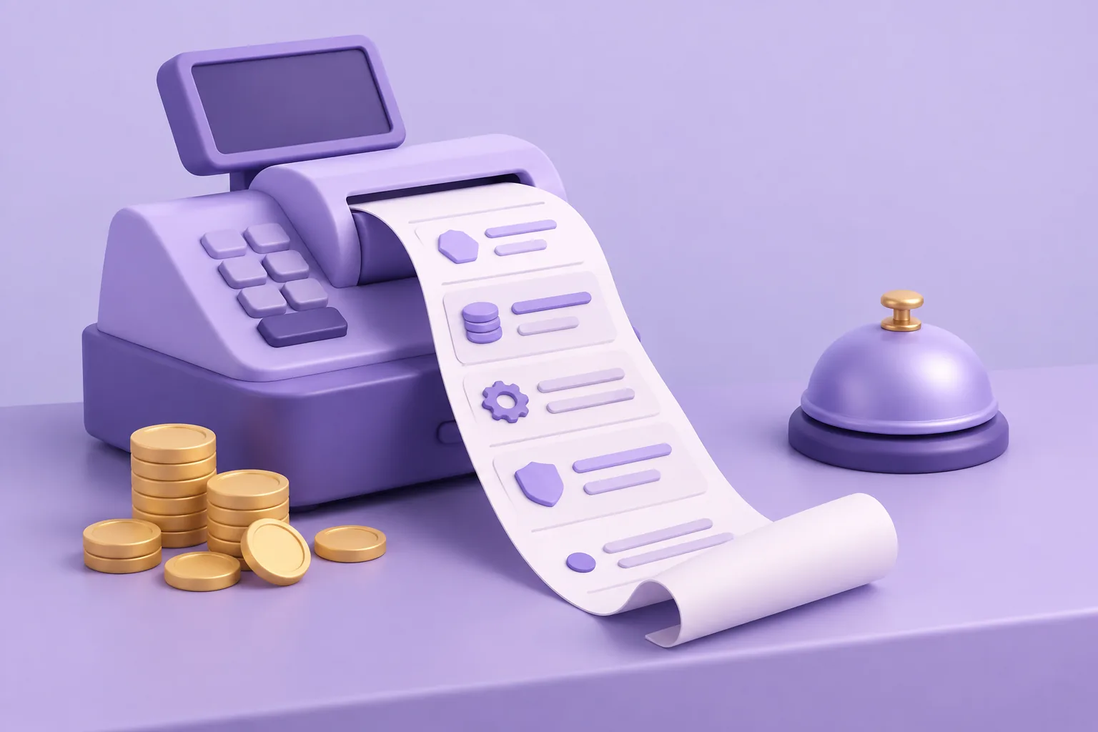 Illustration of a long receipt and coins at a marketplace till, representing the layers of NFT fees.