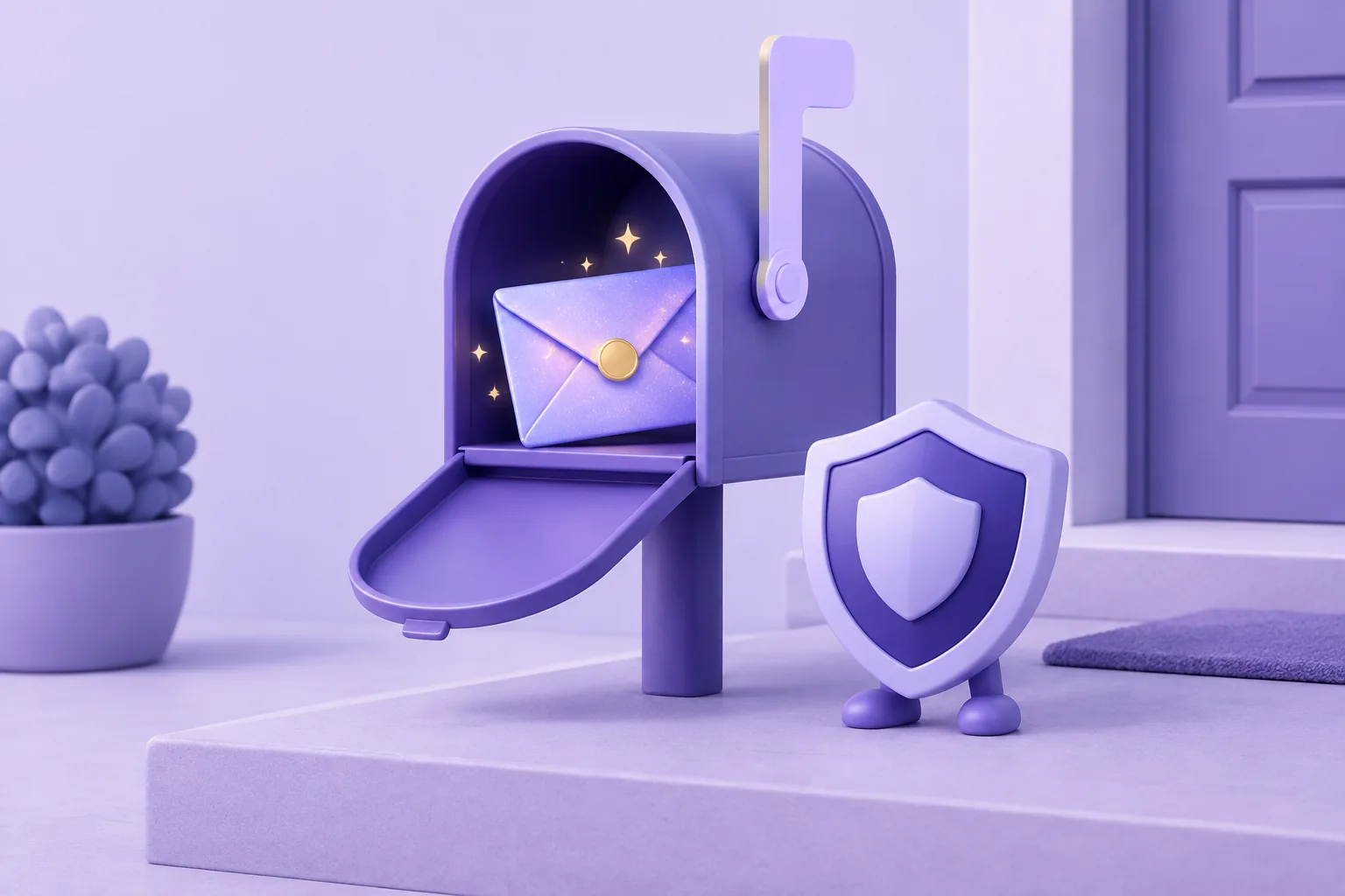Illustration of a cartoon mailbox with a suspicious glittering letter inside and a small shield-guard token standing beside it, lavender doorstep.