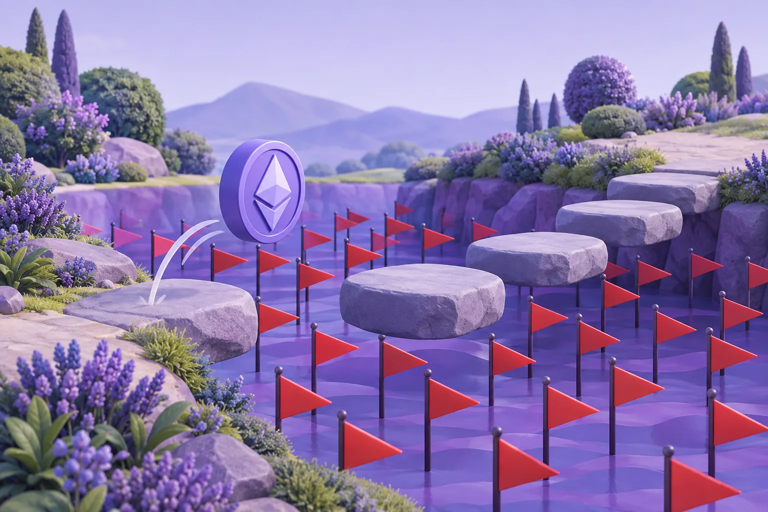 Illustration of a cartoon field scattered with small red flags planted around shiny tokens, a careful token tiptoeing between them, lavender meadow.