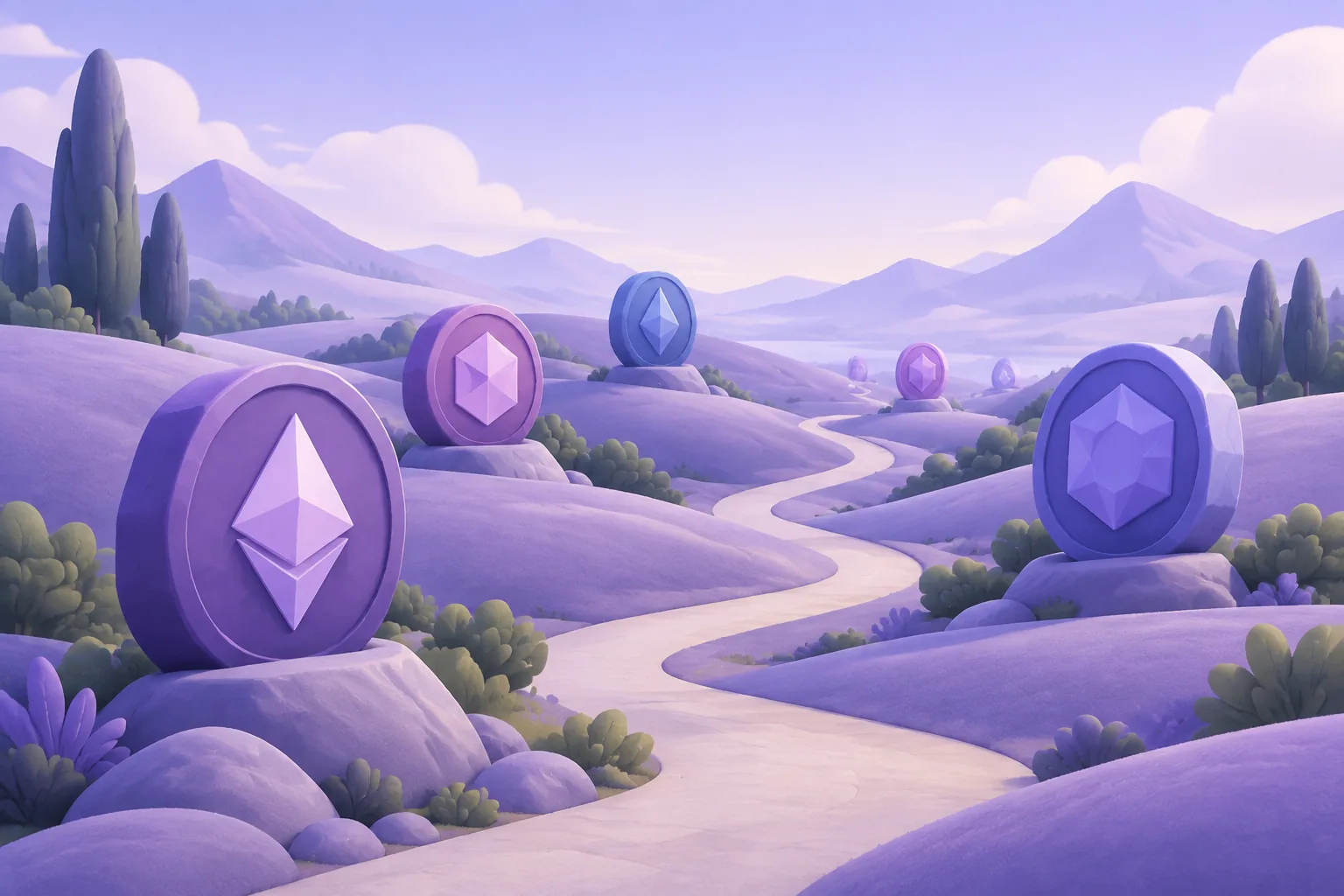 Illustration of a cartoon toll gate on a blockchain highway where a token pays a small coin to pass, fee-meter dial on the booth, lavender road.