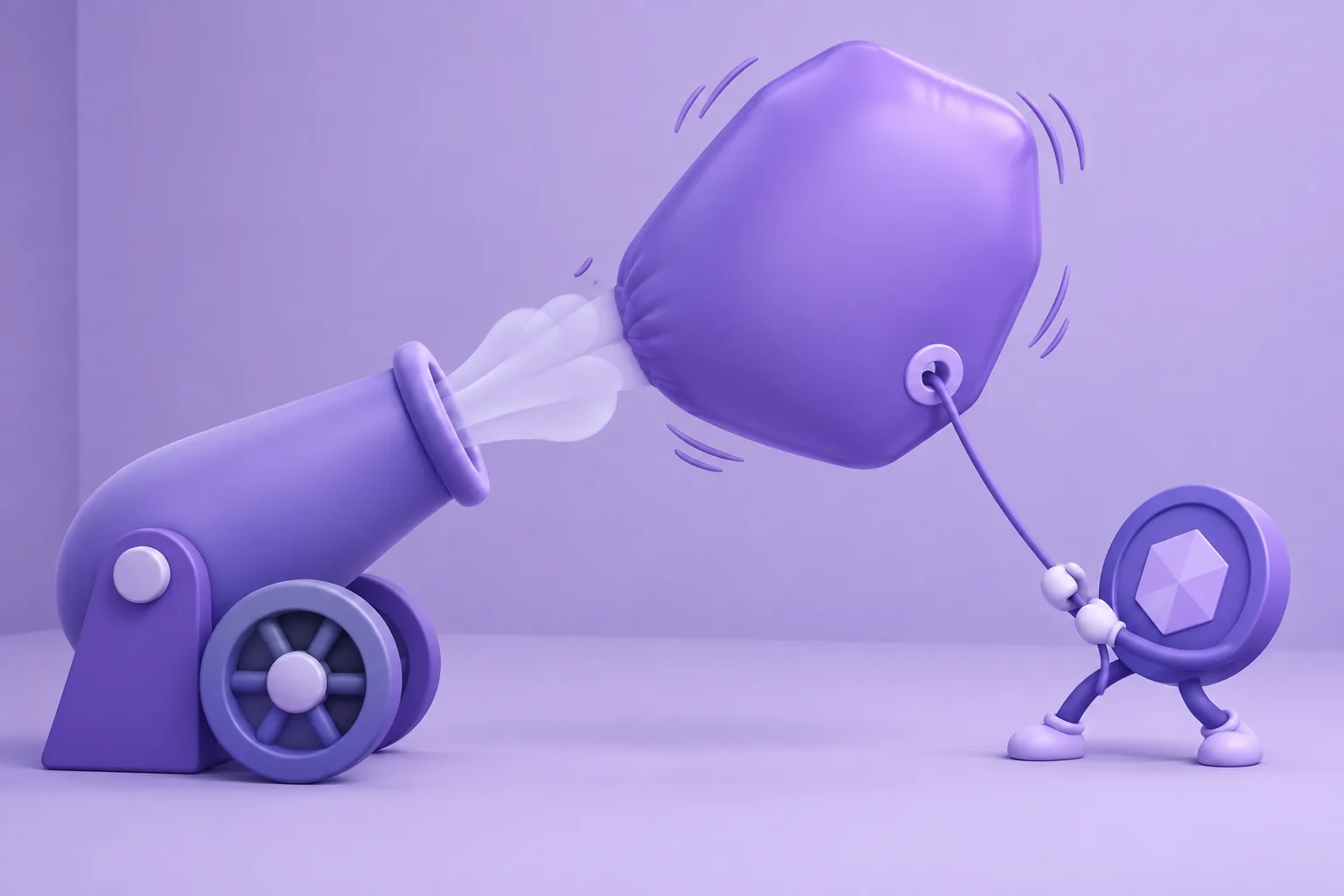 Illustration of a cartoon price-tag cannon over-inflating a balloon tag until it wobbles, careful token holding the tether, lavender room.