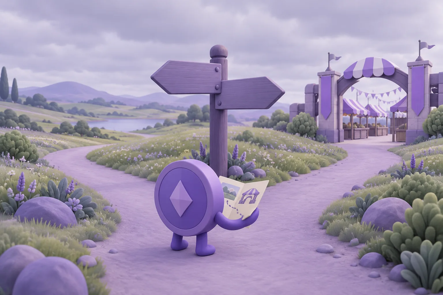 Illustration of a cartoon forked signpost with two paths — 'hold' meadow and 'sell' market gate — a token checking a small pocket plan card, lavender crossroads.