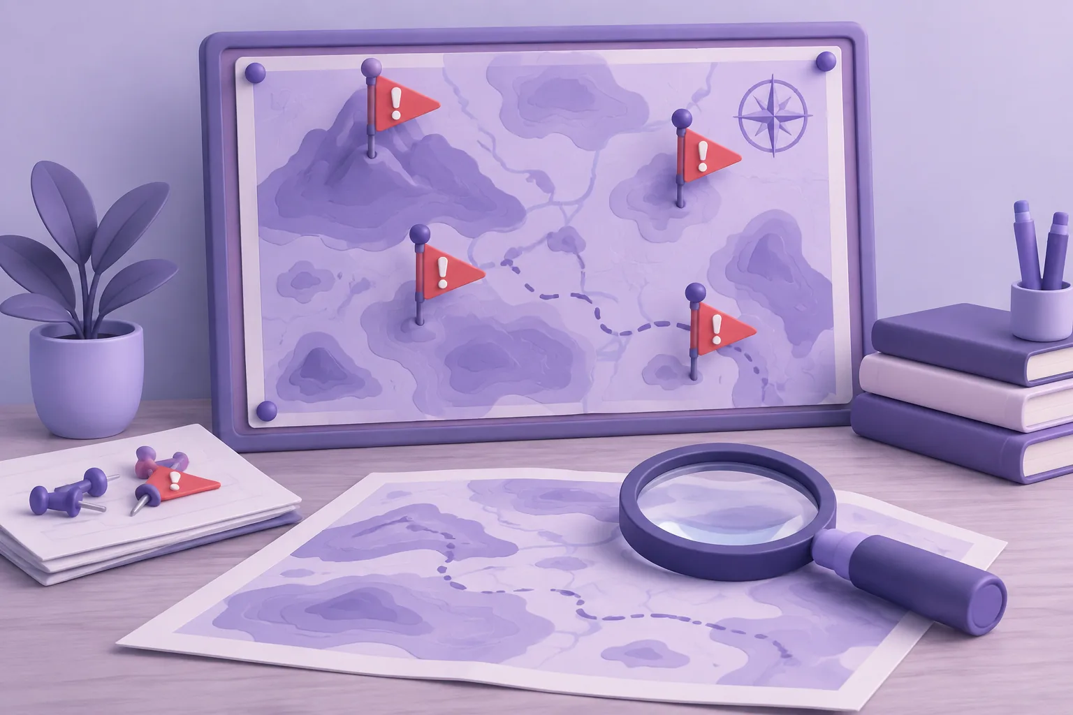 Illustration of a cartoon hazard-map board with pinned warning flags and a magnifying glass, planning-table scene, lavender war-room.