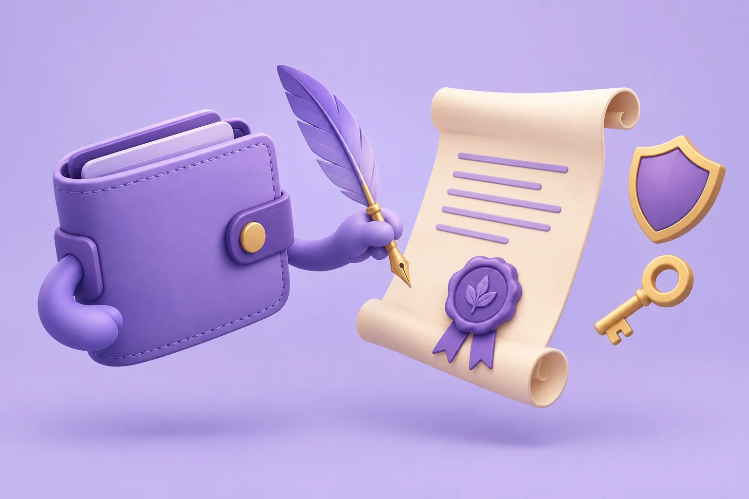 Illustration of a cartoon wallet signing a parchment contract, representing what a signature means when buying an NFT.