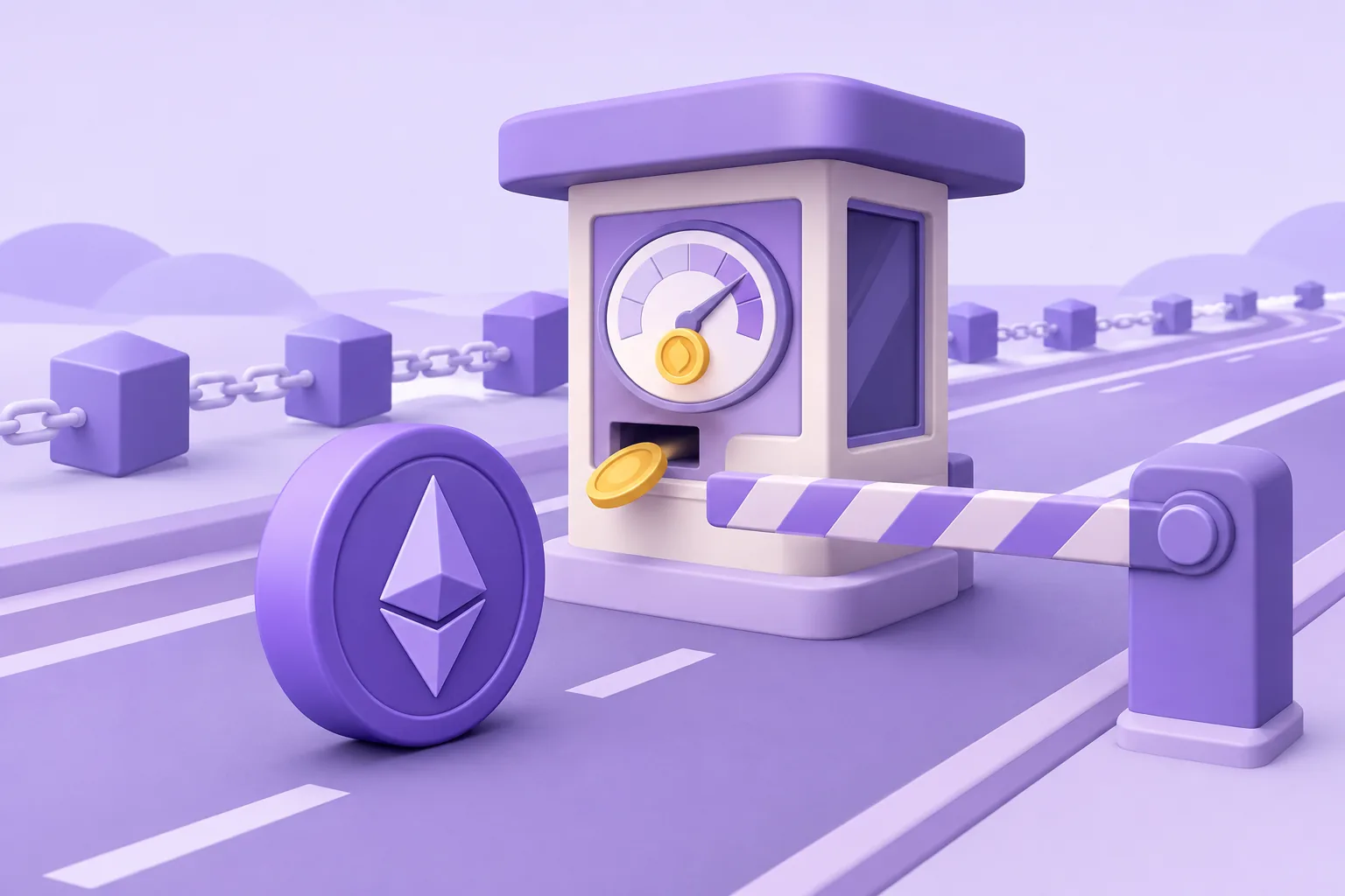 Illustration of a cartoon toll gate on a blockchain highway where a token pays a small coin to pass, fee-meter dial on the booth, lavender road.
