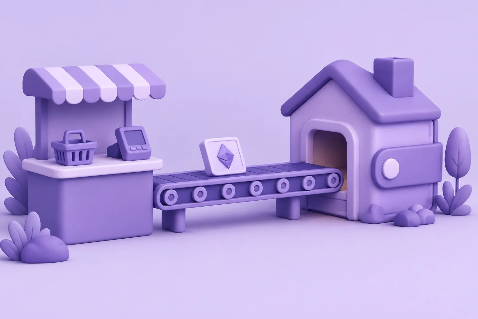 Illustration of a cartoon marketplace arch with display plinths of token tiles and a shopping basket, friendly lavender plaza.