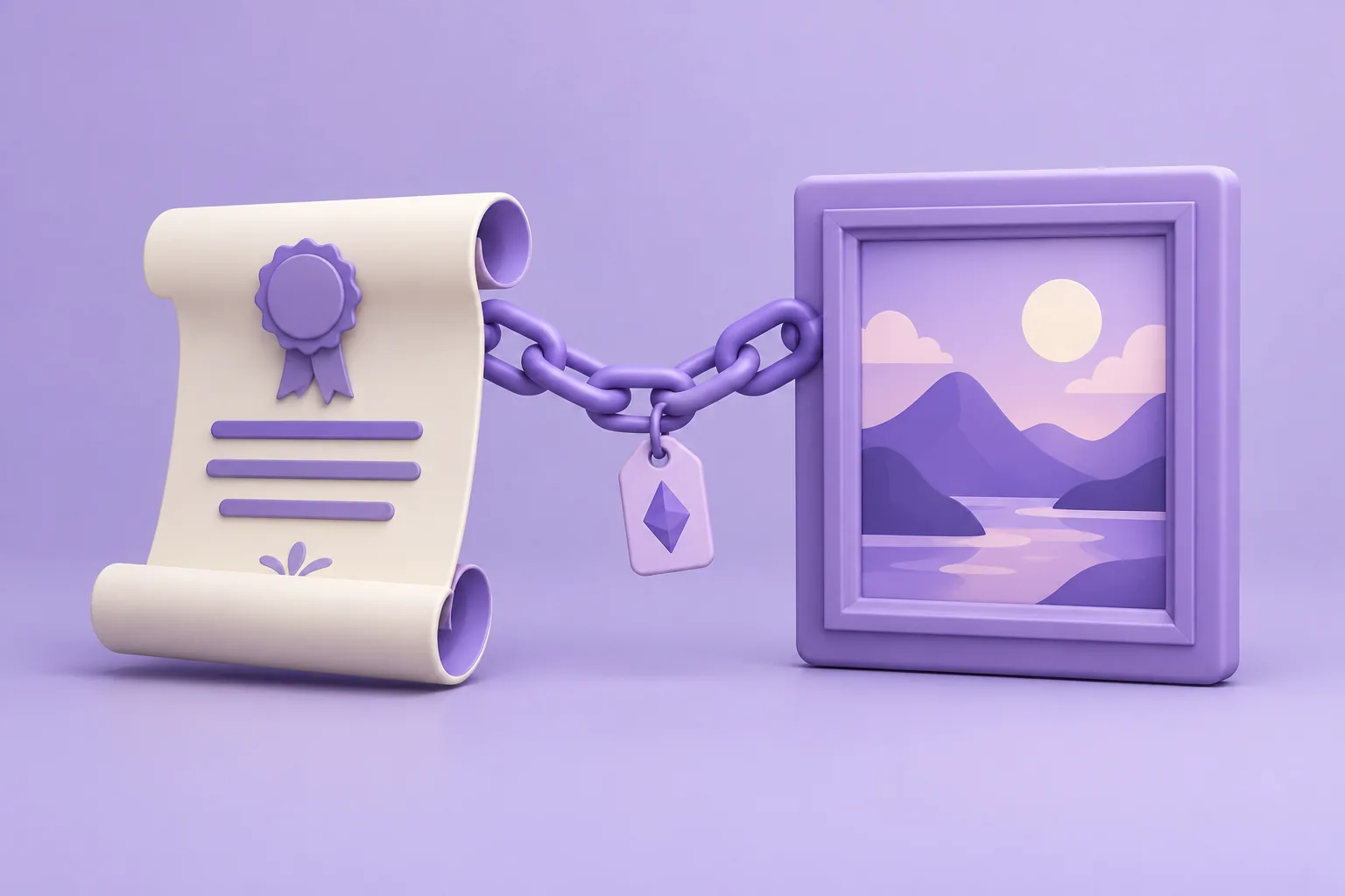 Illustration of a cartoon certificate scroll chained to a framed picture tile, a tiny ownership tag dangling from the link, lavender display.