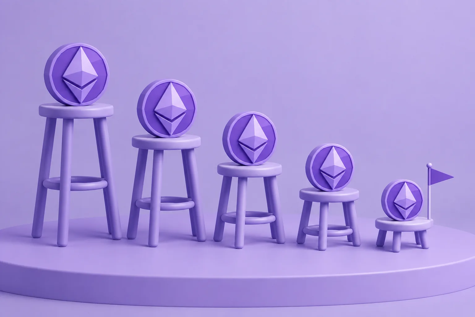 Illustration of a cartoon limbo-bar of price tags at the lowest listing, tokens watching whether it holds, lavender market.
