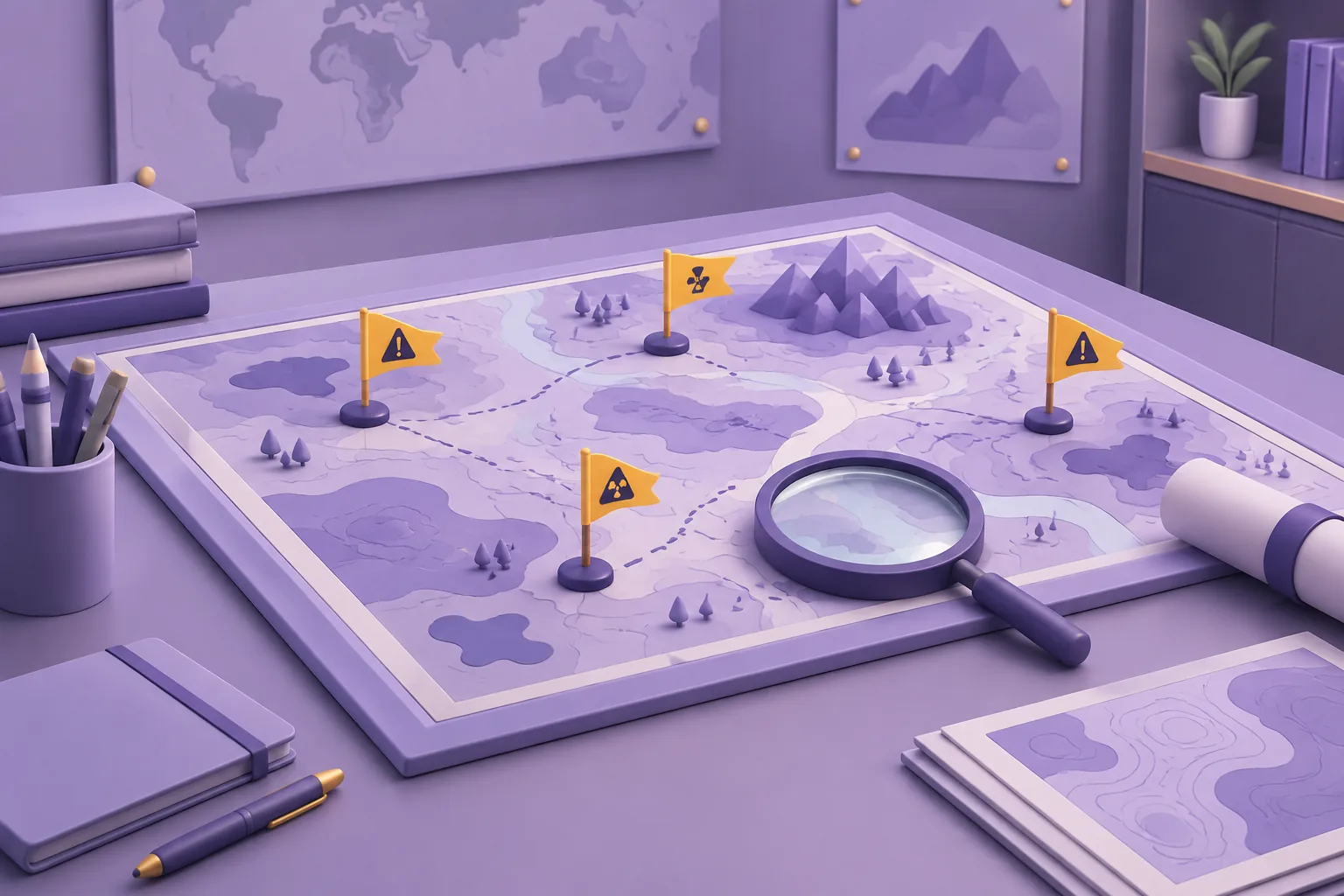 Illustration of a cartoon hazard-map board with pinned warning flags and a magnifying glass, planning-table scene, lavender war-room.