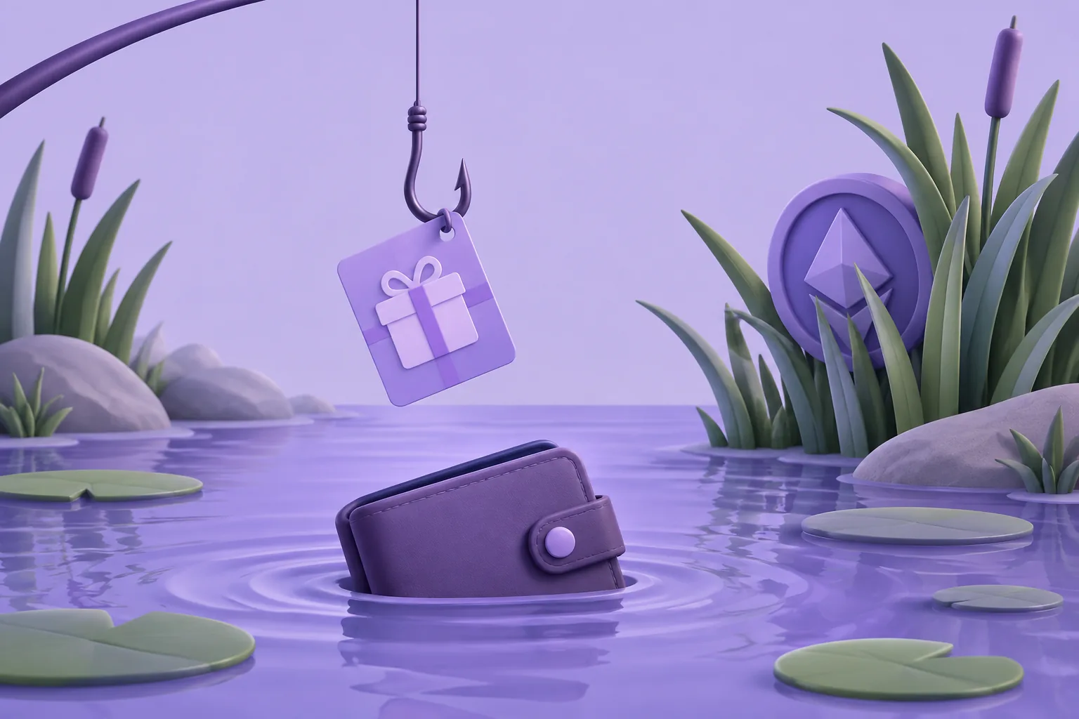 Illustration of a cartoon fishing hook dangling a fake 'gift' message card over a small wallet pond, lavender water, wary token watching from behind a reed.