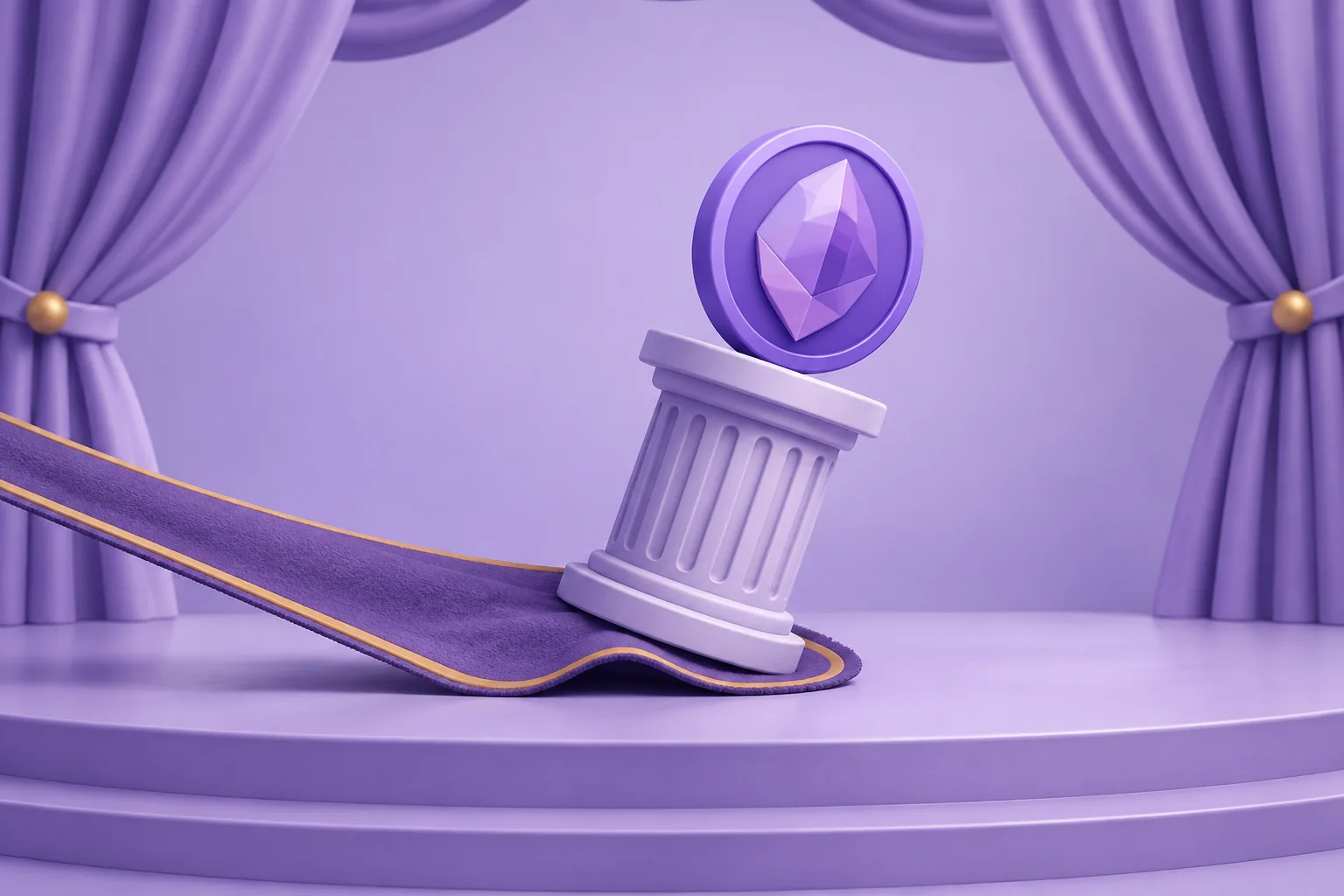 Illustration of a cartoon stage where a rug is being tugged from under a pedestal holding a token, tilted but not fallen, lavender theatre.