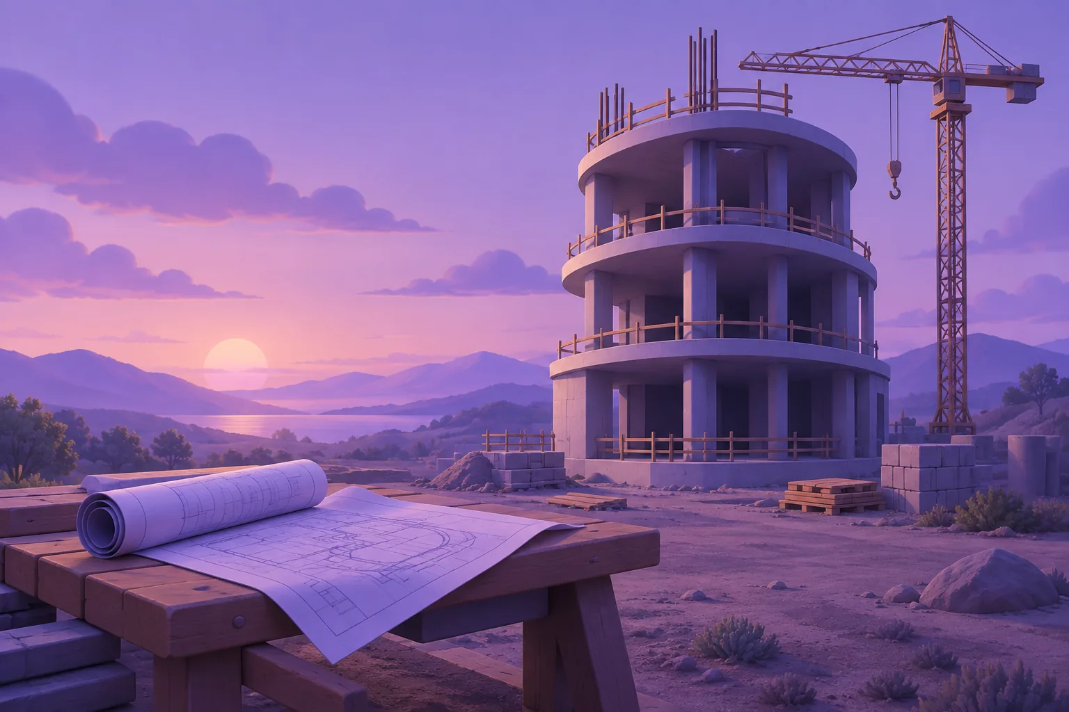 Illustration of a cartoon deserted construction site, half-built rounded tower and a rolled-up blueprint abandoned on a bench, lavender dusk.