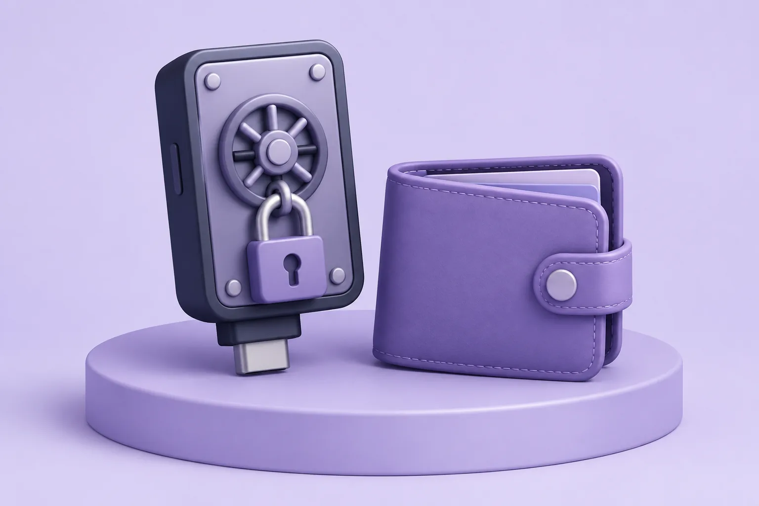 Illustration of a cartoon hardware wallet standing like a tiny bank vault with a padlock, beside a softer everyday wallet, lavender pedestal.