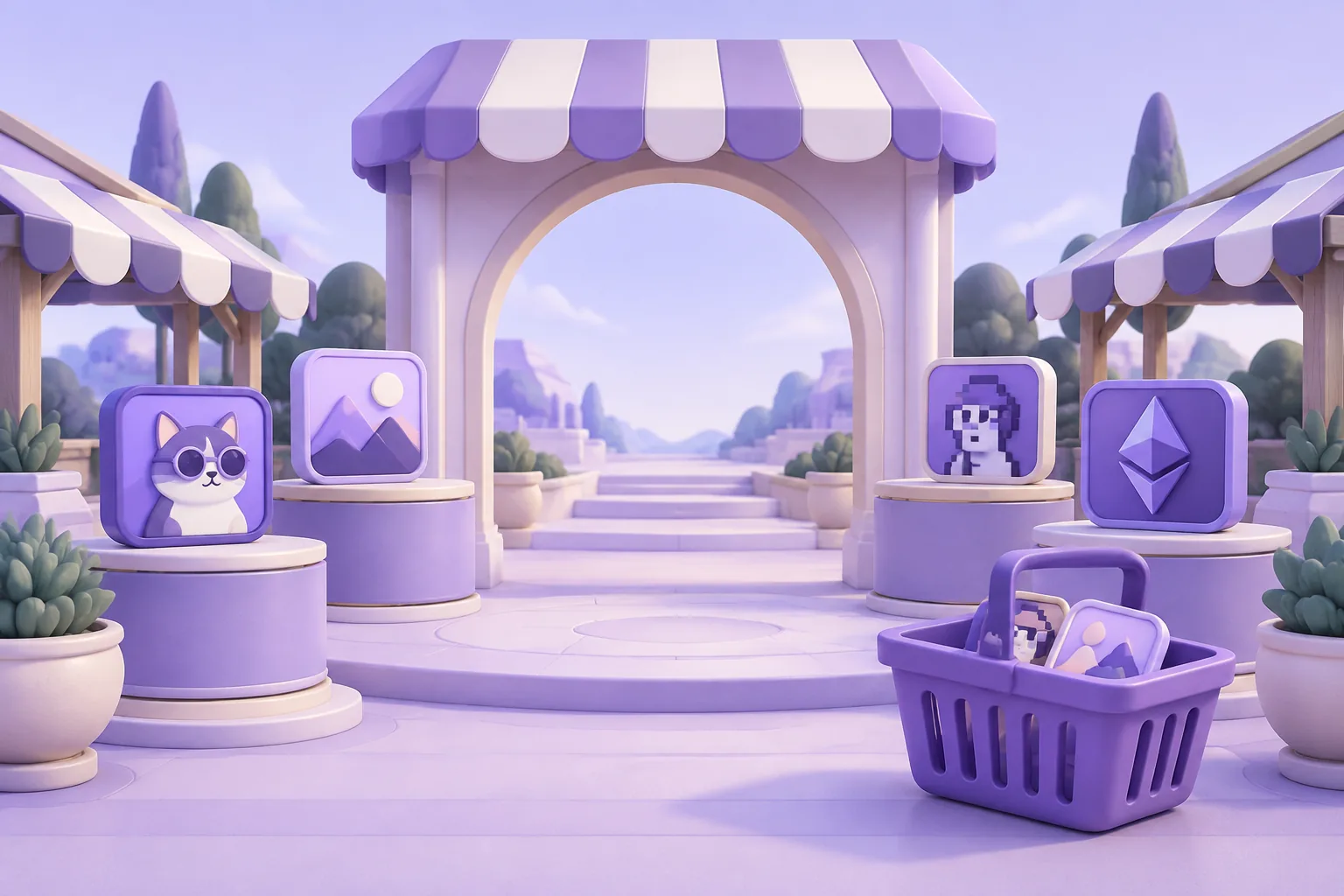Illustration of a cartoon marketplace arch with display plinths of token tiles and a shopping basket, friendly lavender plaza.