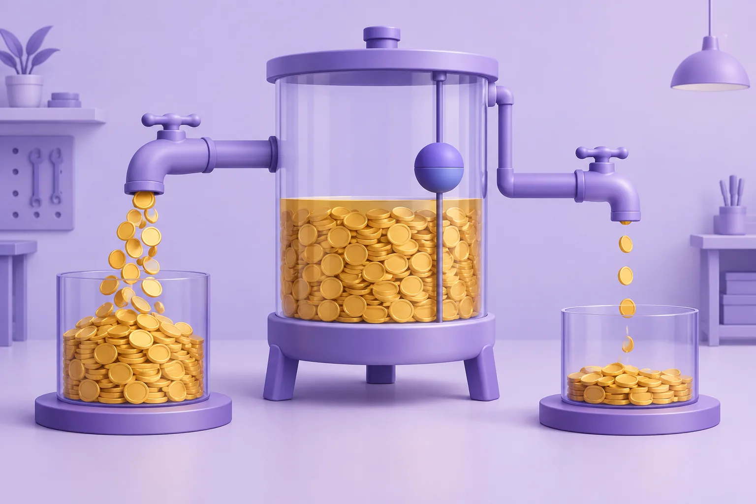 Illustration of a cartoon limbo-bar of price tags at the lowest listing, tokens watching whether it holds, lavender market.