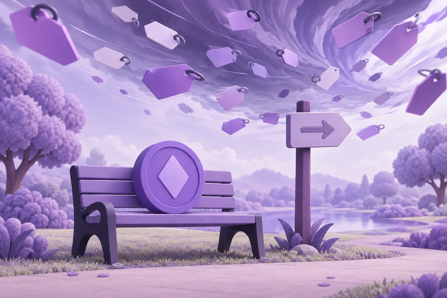 Illustration of a cartoon forked signpost with two paths — 'hold' meadow and 'sell' market gate — a token checking a small pocket plan card, lavender crossroads.