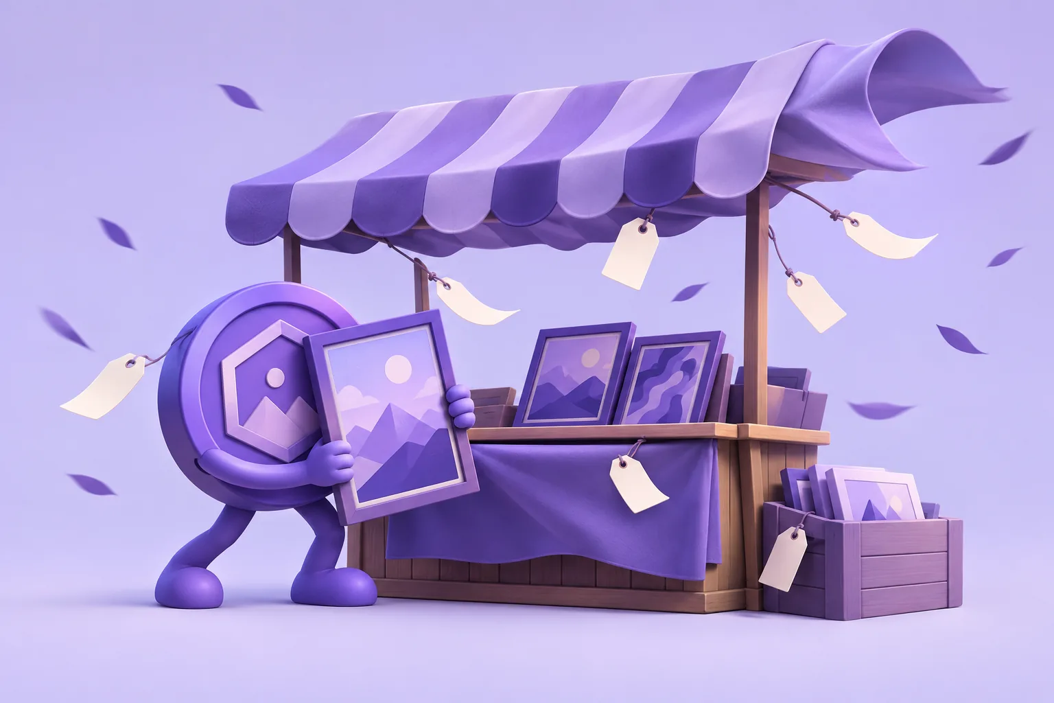 Illustration of a cartoon limbo-bar of price tags at the lowest listing, tokens watching whether it holds, lavender market.