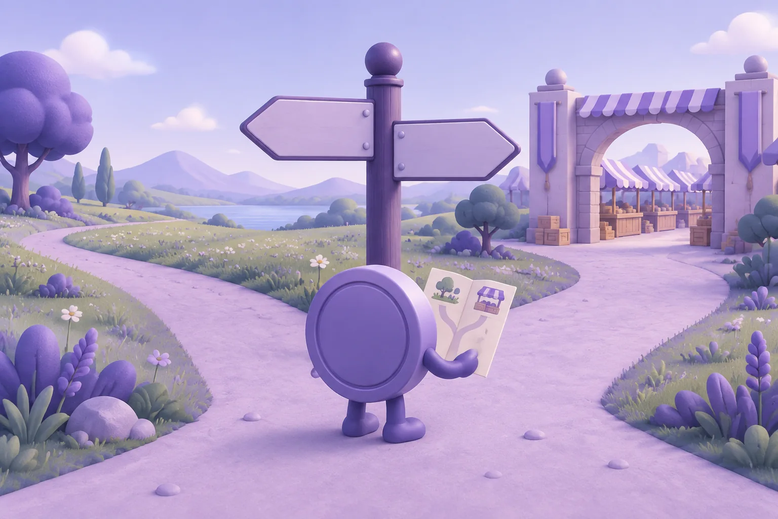 Illustration of a cartoon forked signpost with two paths — 'hold' meadow and 'sell' market gate — a token checking a small pocket plan card, lavender crossroads.