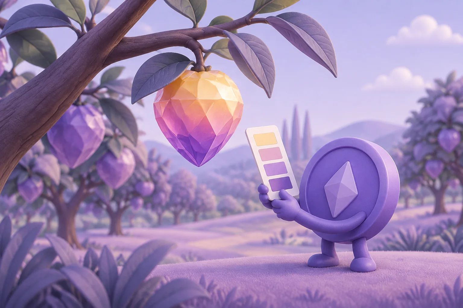 Illustration of a cartoon field scattered with small red flags planted around shiny tokens, a careful token tiptoeing between them, lavender meadow.